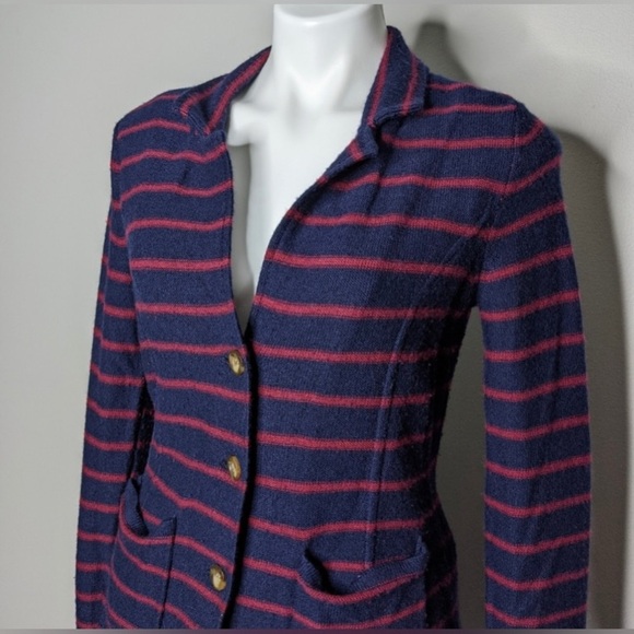 Tahari Merino Wool Blend Black & Blue Stripes Long Sleeves Button Up Cardigan - Picture 8 of 9